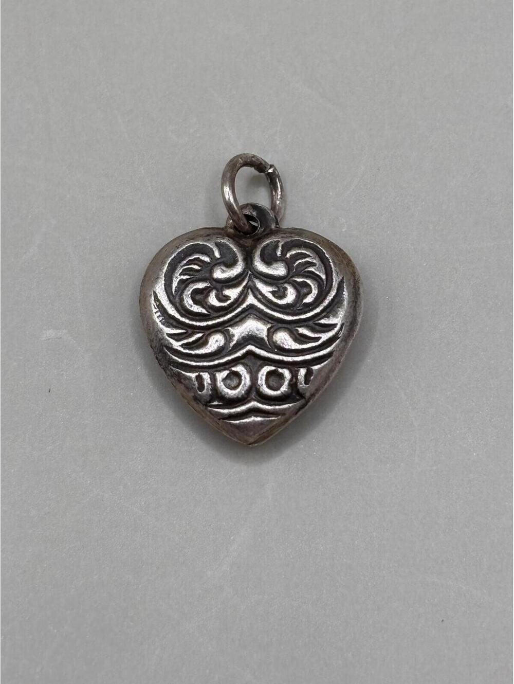 Vintage Sterling Silver Double-Sided Puffy Heart Charm Geometric Design #2
